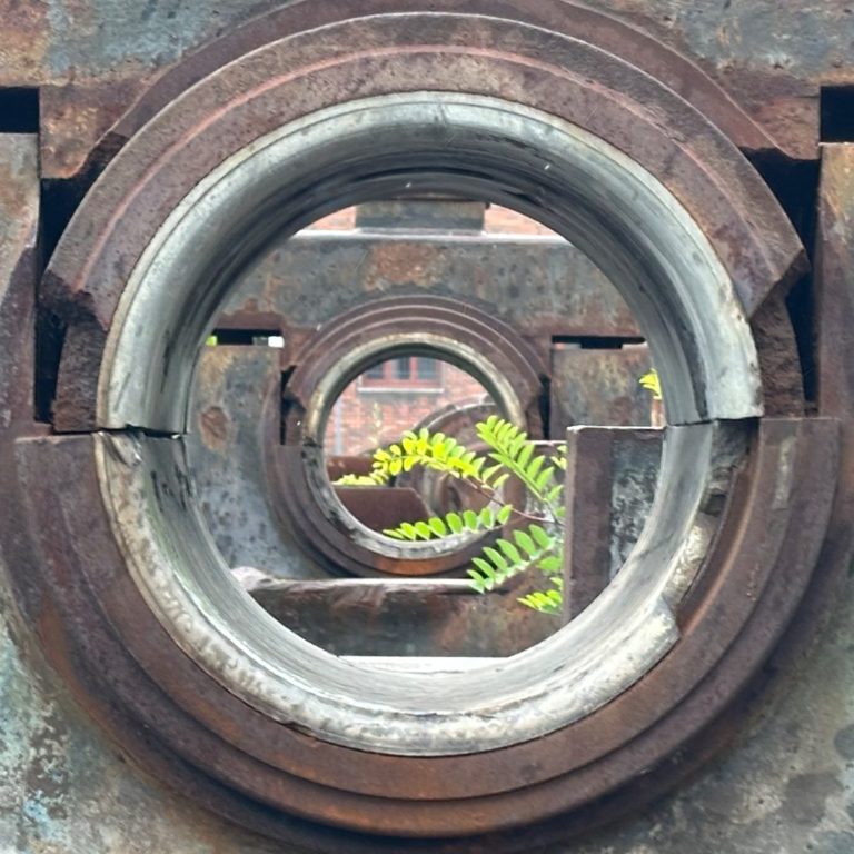 Foto von altem Industrieschrott aus Stahl, runder Durchblick, mit wilden Pflanzen in der Mitte.
